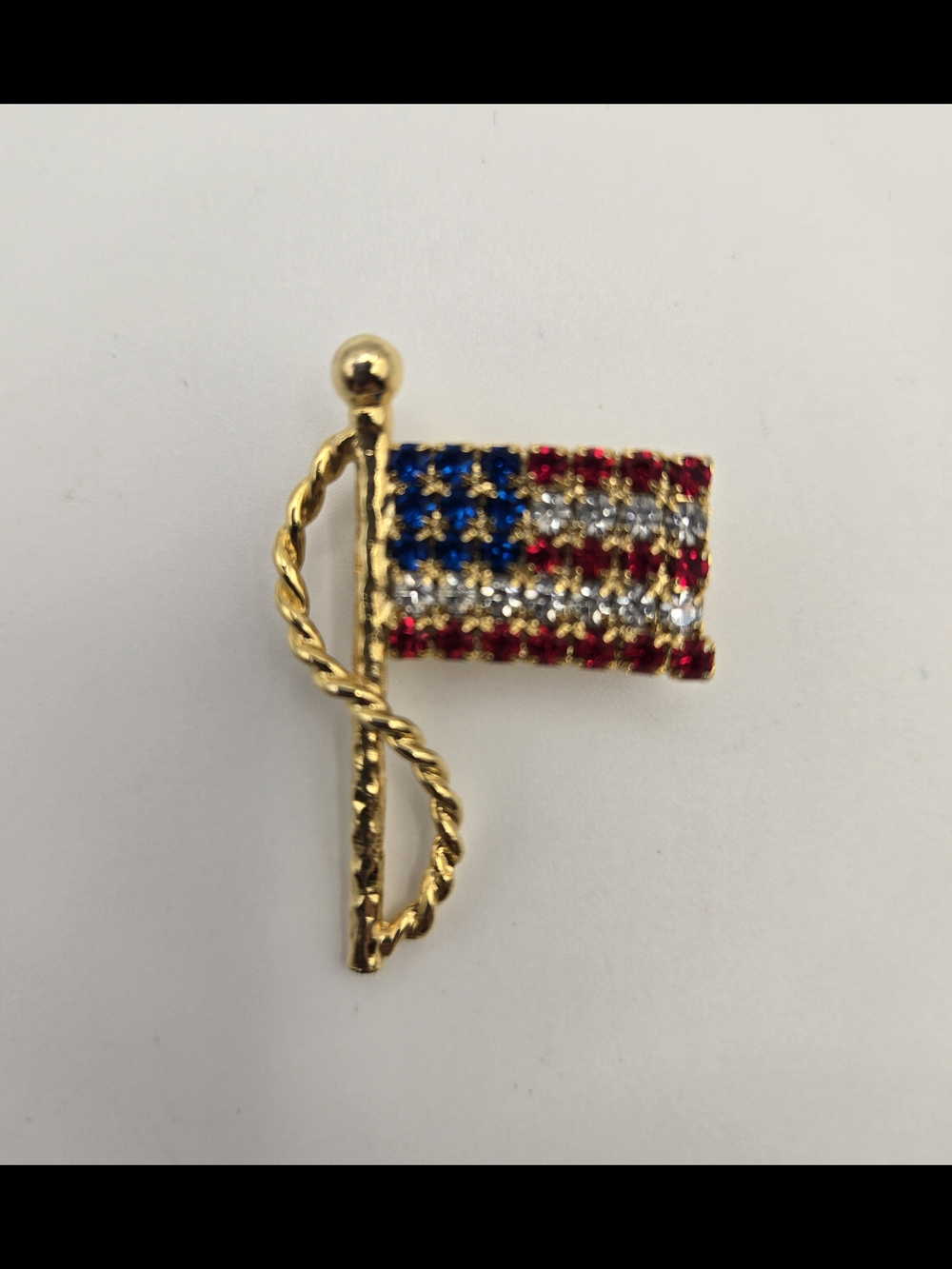 Vintage Gold-Tone American Flag Pin Red White Blue Crystals Independence 250yrs